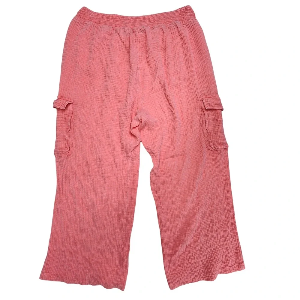 Aerie Pink Gauze Cargo Pants XL Regular Wide Leg Elastic Waist Coral Relaxed Fit
